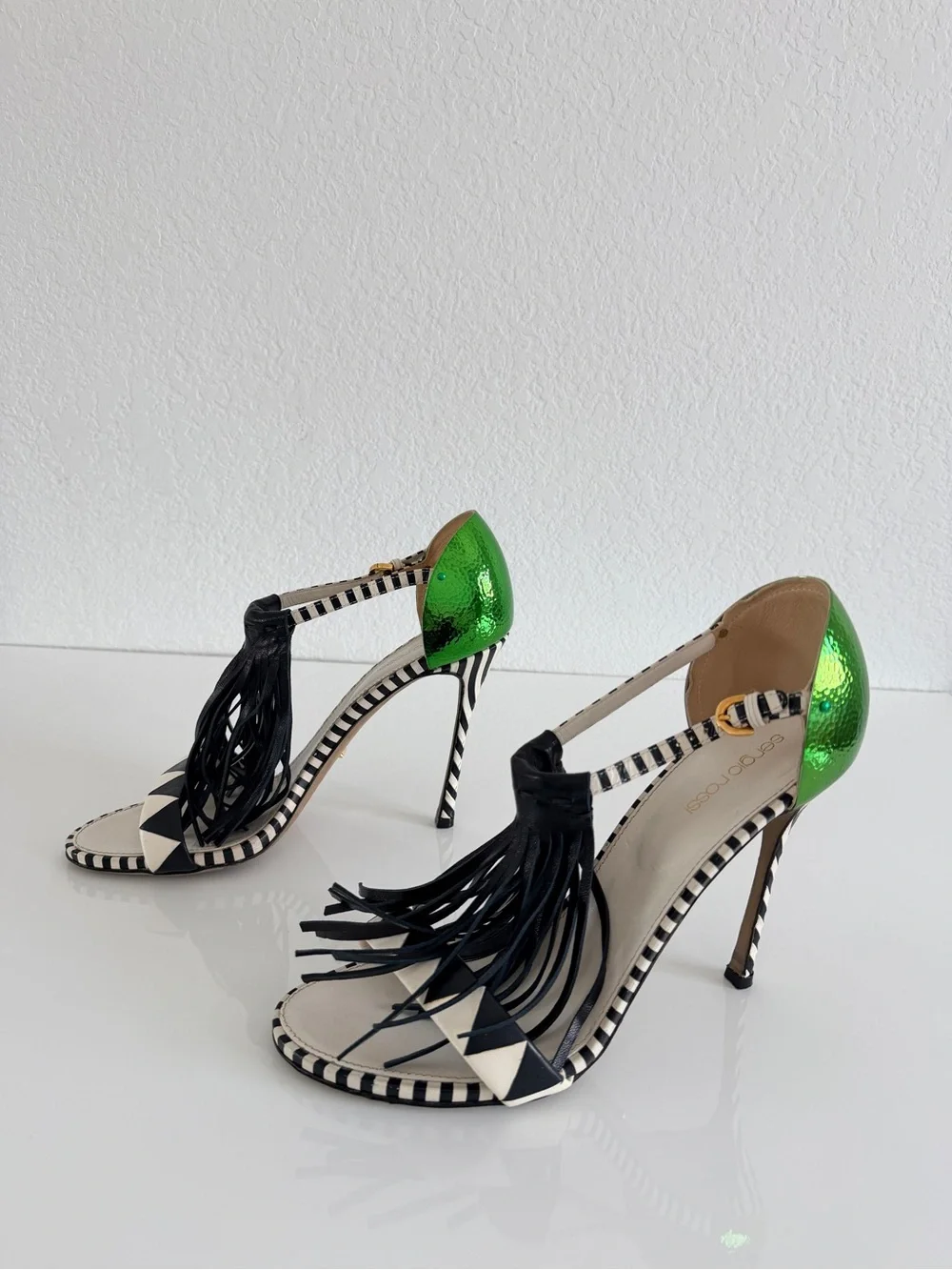 Sergio Rossi Green & Black Fringe High Heel Sandals